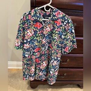 crown & ivy Navy Floral Polo with Coral & Pink Blooms